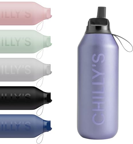 Chilly's Series 2 Flip Water Bottle with Sports Lid - Vacuum Insulated Stainless Steel Water Bottle with Straw, Carry Loop, & Cleaning Brush - No Sweat - 500ml - Lavender