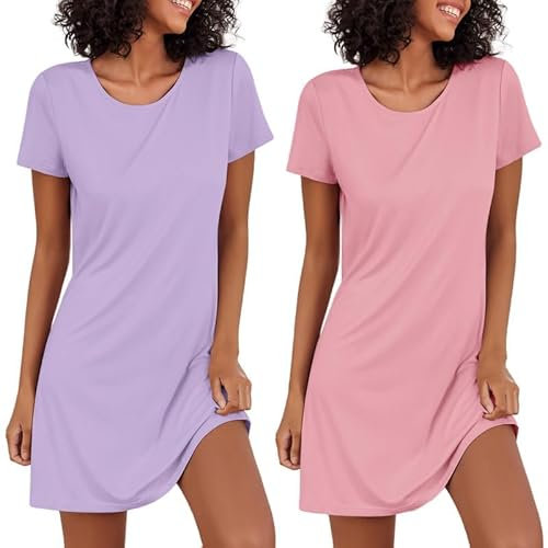 Ekouaer Chemises de Nuit Femme 2pcs Robe de Nuit Manches Courtes Vêtements de Nuit Sexy Casual Col Rond, Violet + Rose, XXL