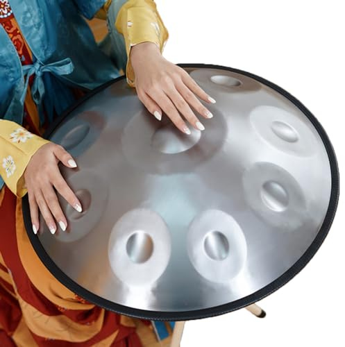 Handpan Drum In D Moll,56cm Stahl-Handtrommel,9/10/12 Noten, 432 Hz/440 Hz Schlaginstrument Harmonic Handpan Mit Handpan Tasche, 2 Schlegeln,Ständer(Color:Silber)