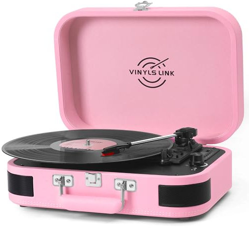 VINYLS LINK Vinyl Record Player 3 Speed Bluetooth Turntable Belt Drive LP Play Portable Suitcase Record Player Built-in Speaker with EQ Mode USB Recording RCA Output/AUX Input Headphone Jack Pink