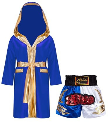 HULIJA Kinder Jungen Kampfsport Bekleidung Set Langarm Boxer Jacke mit Hooded + Muay Thai Shorts Gemischte Kampfkunst Set Training Blau Weiss 170-176