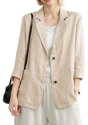 MINTLIMIT Womens Linen Blazer Summer 3/4 Sleeve Notch Lapel Work Office Suit Casual Button Blazers Jackets with Pockets