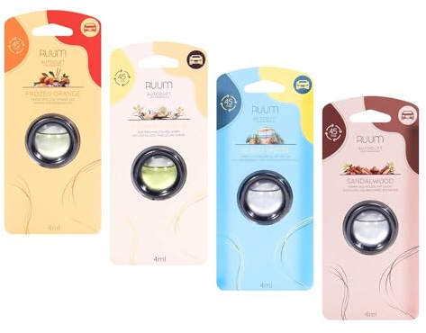 RUUM Auto-Lufterfrischer Clips (4er Mix) je 4ml - Island Breeze, Creamy Vanilla, Frozen Orange, Sandalwood, für Lüftung & Innenraum