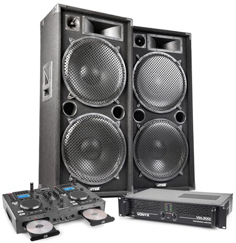 MAX215 Dual 15 DJ PA Speaker System – Complete Passive PA Kit with 3000W Amplifier, Dual CD Mixer, Cables – Professional DJ Setup for Live Events, Parties, Clubs, Home Use