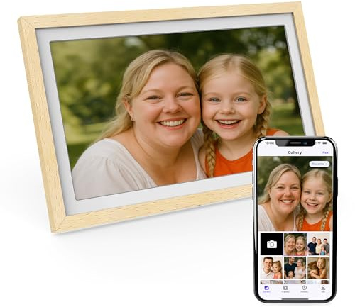 XORO Cadre Photo numérique WiFi de 15 , 1920 x 1080 Full HD 1080p IPS, mémoire 32 Go, Rotation Automatique, Bois de hêtre, partagez instantanément des Photos de n'importe où