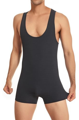 Drelaar Men's Soft Fitness Jumpsuit Athletic Tank Top Shorts One-Piece Gym Leotard Bodysuit Large Black