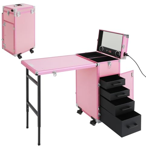 Carro de cosméticos con mesa y 4 cajones, plegable, mesa de manicura, caja de uñas profesional con 4 ruedas, para técnicos domésticos, spa, salón de belleza, lugar de trabajo (rosa)