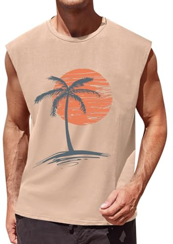 Runcati Tank Top Men's Sleeveless Palm Print Shirts Gym Sports Fitness Muscle Shirt Men Basic Vest Loose Undershirt Summer Beach T-Shirt