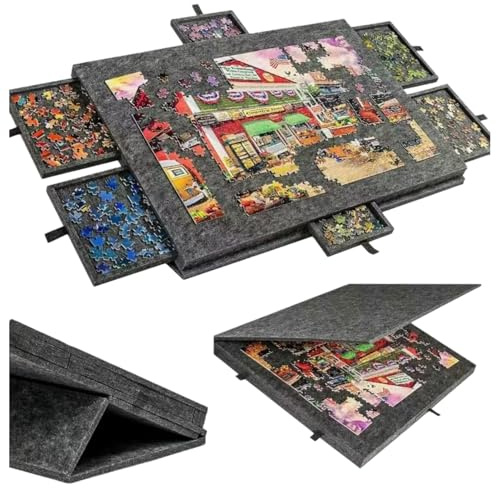 Tablero de Rompecabezas Fieltro (1000 Piezas) - 6 Cajones, Portátil con Soporte Ajustable (Gris Oscuro/Gris Plateado/Negro), Cubierta Protectora para Adultos y Niños (Gris Plateado)