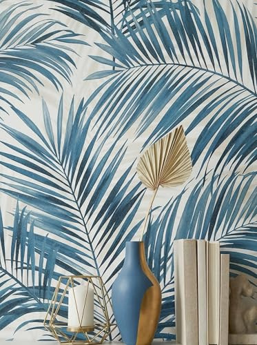Newroom papier peint intissé bleu pétrole feuilles de palmier boho salon | Indigo mat sur crème, structure lisse, sans raccord, motif floral, décoration murale, chambre moderne