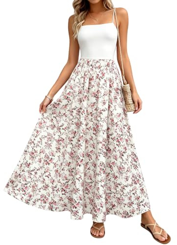 Paxory Summer Maxi Skirts for Women, Elasticated High Waist Boho Flowy Skirts, Casual Summer A-Line Long Skirt for Beach Holiday Shopping Daily Wear White
