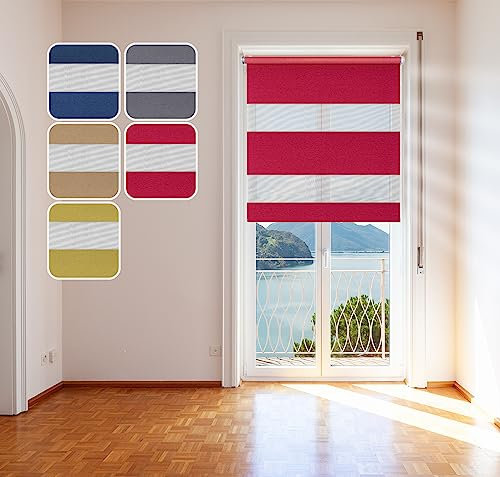 Doppelrollo Metallic, Rot, 90x150cm - mit extra Breiten Stoff-Streifen und Klemmfix-Halterung