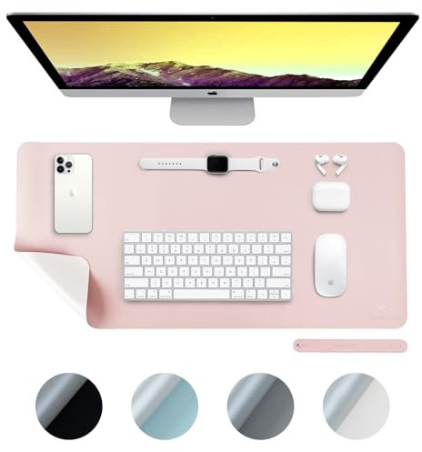 DesireTech Reversible Extra Large Office Desk Mat, Pink & Silver, 80x40 cm | XL Dual-Sided Waterproof Faux Leather Table Surface Protector, Desk Accessories, Laptop Mat & Mouse Pad