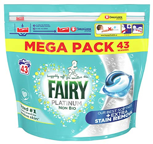 Fairy Non Bio Platinum Pods Washing Liquid Capsules 43 Washes, with Extra Stain Removal For Sensitive Skin