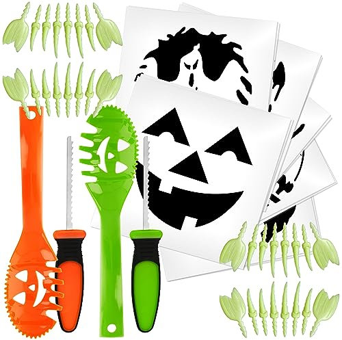 com-four® 48-teiliges Set zum Aushöhlen und Schnitzen von Kürbissen zu Halloween - mit Kürbislöffel, Schnitzmesser, Schnitz-Vorlagen und Kunstzähnen (48-teilig - mit Zähnen)