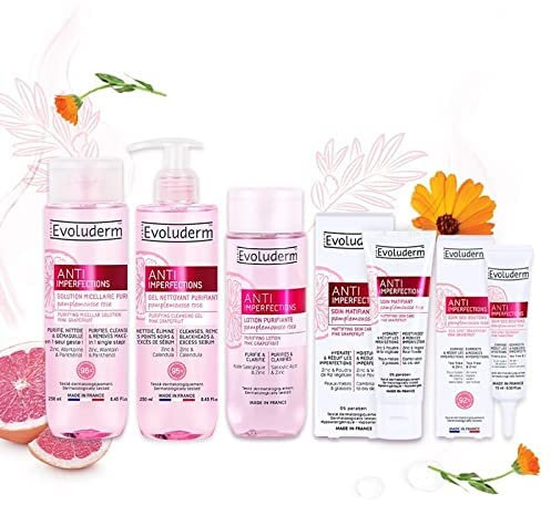EVOLUDERM - Routine Soin Visage Zéro Défaut 5 produits Anti-imperfections + Trousse OFFERTE - Purifiant - Ingrédients d'Origine Naturelle - Végan - Fabrication Française
