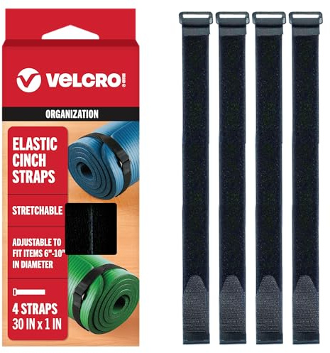 VELCRO märke 76 cm elastiska remmar 4-pack | töjbart och justerbart för åtsittande passform | Fäst utomhusparaplyer, trä, presenningar, filtar, stolpar, mer | Cinch med spänne, svart 30 x 1
