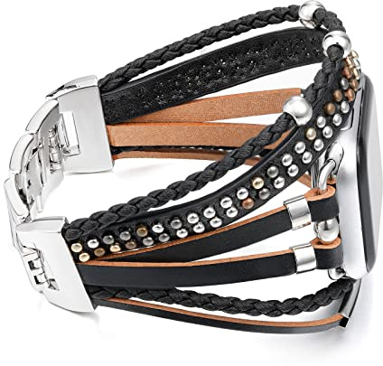 Wingoden Posh Leather Band Compatible with Apple Watch Band Bracelet 42mm 41mm 40mm 38mm for Women Men, Wrap Boho Watch Strap for iWatch Band Series 11 10 9 8 7 6 5 4 3 2 1 SE3 Ultra 3, Black Rivet
