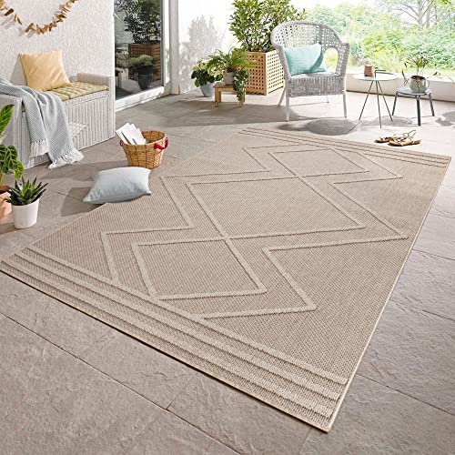 Carpetsale24 In & Outdoor Bouclé Teppich Läufer wetterfest Beige 80x150 cm Skandinavische Boho Design 3D Hoch Tief Effekt ideal für Flur Balkon oder Küche