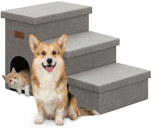 Zerbuger Dog Stairs 18 H, 3-Step Wider Dog Steps for High Beds Couch, Folding Storage Pet Stairs Gift for Small/Medium/Large Old Dogs Cats, Ramp for Climbing Car Up to 200 lbs, (Gray, with Condo)