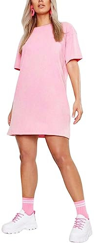 Womens Longline PJ Top T-Shirt Plain Short Sleeve Oversized Baggy Tunic Top Mini Nightdress Style Sleepwear Rose Pink-16-26 Plus