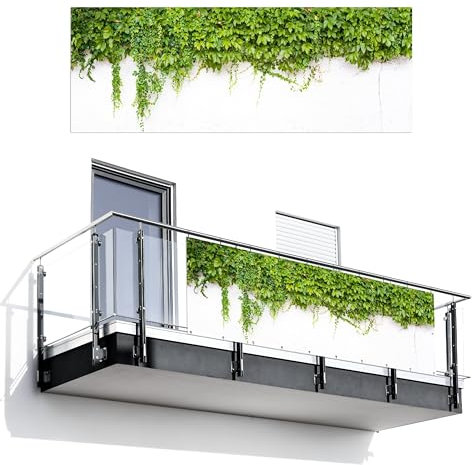 MuchoWow© Balkon Sichtschutz Einseitig 110x300 cm Groß Terrassen Gartenzaun Balkonfächer ohne Bohren Wetterfest für Zaun Terrasse Balkonbespannung Seitenschutz Pflanzen - Weiß - Steinoptik - Grün