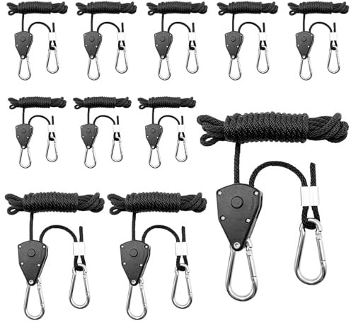 Qianduoduo 11 Stück Seilratsche und Verstellbare Ratchet Hangers Mit Haken - 1/8 Zoll Heavy Duty, 2.2M Länge für Pflanzenventilator, Licht, Zimmerpflanzen