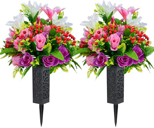 Kukooka Set of 2 Artificial Cemetery Flowers, Artificial Rose Lily Grave Memorial Flowers with Black Plastic Vase for Cemetery Headstones Gravesite Decoration