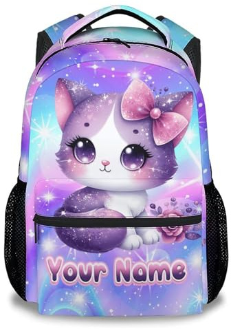 School Backpack, Cat Backpacks for Girls, Personalized Kids Bookbag, 17 Inch Custom Toddler Schoolbags for Kindergarten Primary