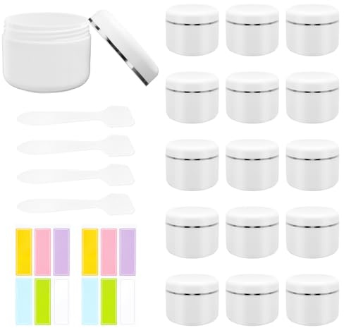 15 Stk Kleine Cremedose Leer Döschen, 50g Tiegel Cremedöschen mit Schraubverschluss Creme Dosen zum Befüllen Kosmetikdosen Salbendöschen für Reise Lotion Creme Kosmetik mit 4 Spateln 1 Etiketten