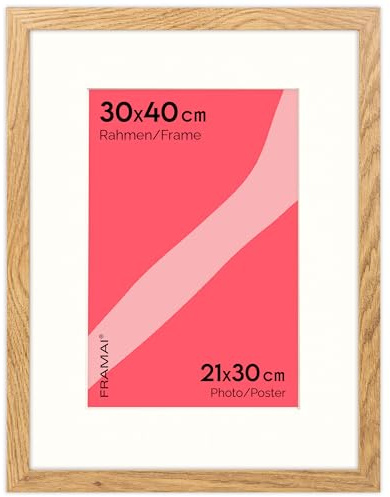 FRAMAI® Cadre photo 30 x 40 cm en couleur chêne – avec passe-partout – Cadre en bois MDF, plexi incassable, écologique, avec suspension et support – Format portrait et paysage