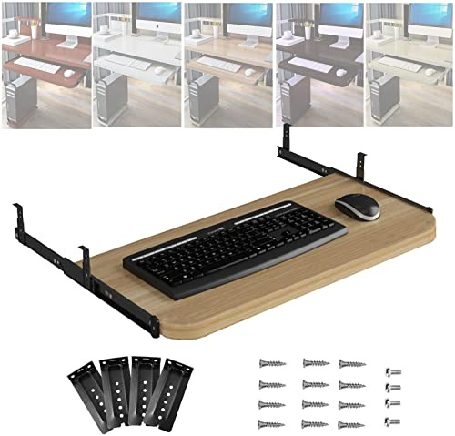 Ergonomisk glidande tangentbordsbricka – justerbar utdragbar träbricka under skrivbordet för kontor hemskola – förbättra hållningen och komforten 24 cm höjd