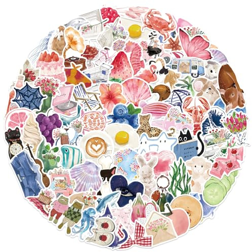100 Pcs Watercolor Aesthetic Stickers Waterproof Vinyl Scrapbook Stickers for Adults Teens Girly Cute Cartoon Kindle Stickers for Suitcase Luggage Laptop Water Bottle Journal Scrapbook Skateboard