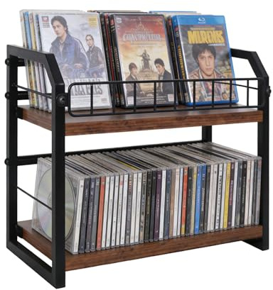 Caossuixin 2-Tier CD Holder, CD Storage Rack-Retro Walnut | CD Shelf Holds 50 CD Case/DVDs, and 100 Discs in CD Sleeves, Organizer for CD & DVD (13.7 * 6.1 * 11.7 In)