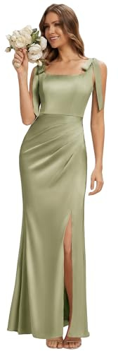 Ever-Pretty Abiti da Damigella Collo Quadrato Senzamaniche Satin Maxi Linea Dritta Verde Salvia 46