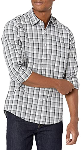 Amazon Essentials Men's Long-Sleeve Casual Poplin Shirt, Grey Plaid, X-Large