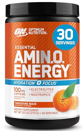 Optimum Nutrition Amino Energy Powder Plus Hydration, with BCAA, Electrolytes, and Caffeine, Tangerine Wave, 30 Servings (Packaging May Vary)