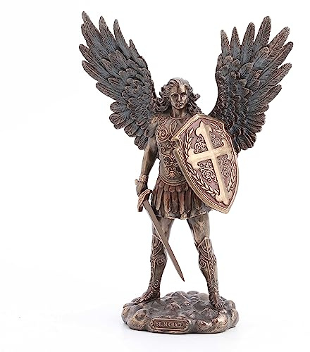 Veronese Design Statue d'ange de l'archange Saint Michel avec Bouclier de Combat et épée en résine coulée à Froid Finition Bronze Antique 28 cm