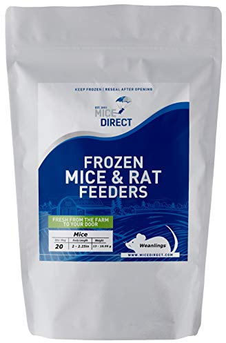 MiceDirect EST. 2003 20 Frozen Mice Weanling Feeders Snake Food for Juvenile Red Tail Boas Ball Python Adult Milk Snakes Corn Sand Boa (2-2.5 in) (260 Grams Min)