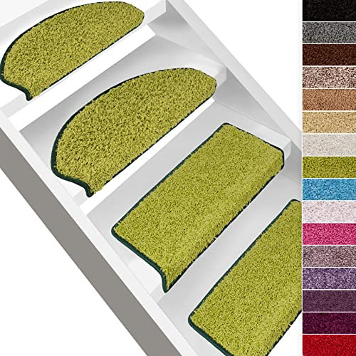 Floordirekt Shaggy-Stufenmatten Barcelona | Halbrund oder Eckig | Treppenmatten in 16 Farben | Strapazierfähig & pflegeleicht | Stufenteppich für Innen (Grün, Rechteckig 65 x 23,5 cm)