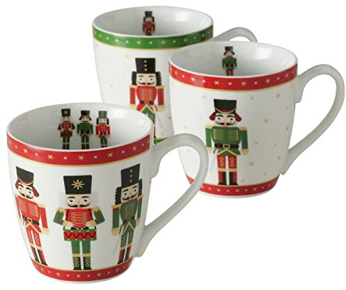 MamboCat 3er-Set Jumbo-Becher Andrew I 350 ML I 3 Personen I Rot und grün mit Nussknacker-Motiv I Kaffeebecher für Glühwein, Punsch, Bowle Likör aus Keramik I Weihnachten X-Mas