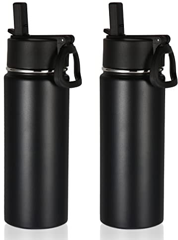 Volhoply 18oz Insulated Water Bottle 2 Pack, Multipack Kids Stainless Steel Water Bottles with Straw Lid,Double Wall Vacuum Sports Flask Keep Hot and Cold (Black,2 Pack)