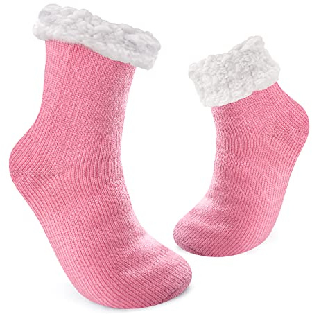 JOMIX Calze Antiscivolo Donna Felpate Lunghe Imbottite Calzettoni Invernali Calzini Termici Pile Calde Calze Termiche Donna da Casa MD7424 (Rosa, 36-42)