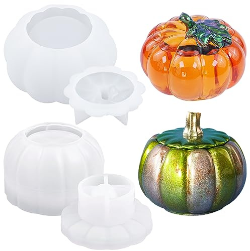 2 PCS Pumpkin Jar Molds Silicone Resin Jar Mold with Lid Box Container Resin Mold Trinket Jewelry Holder Candy Storage Box Epoxy Resins Casting Mold for DIY Art Craft Supplies Halloween Decor