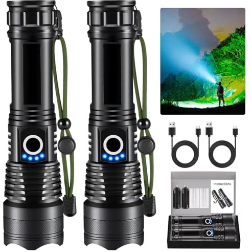 LNRYY Flashlights High Lumens Rechargeable, 2Pack Rechargeable Flashlights, Super Bright Flashlight, 5Mode Tactical Flashlights High Lumens, LED Flashlight High Powered, Waterproof Flash Light LED