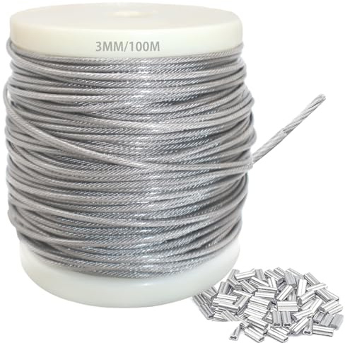 3mm 304 Wire Rope Stainless Steel Wire Cable 100m Length 7x7 Cross Section 517kg Breaking Load stainless steel cable with 100 Pcs Aluminum Crimping Clamps Loop Sleeve (Diameter: 3mm Length: 100m)