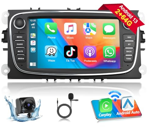 Podofo Carplay Autoradio per Ford Focus C-Max S-Max Mondeo Kuga Galaxy Mondeo Kuga, Car Stereo 2G+64G con Touchscreen da 7, Android Auto Radio, GPS/WiFi/SWC/FM/RDS+ Telecamera di Backup AHD e Mic