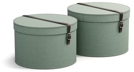 Bigso Box of Sweden RUT Lot de 2 boîtes de rangement avec couvercle - Boîte de rangement ronde avec lanières en cuir - Grandes et petites boîtes à chapeaux en panneau de fibres et papier aspect lin -