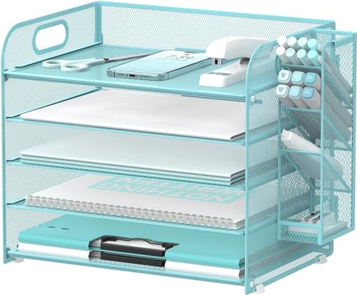 SUPTIDY 5 Tier Desk Organiser with Handle & Removable Pen Holders, Mesh Paper/File Organiser for Desk, Paper Letter Tray Organiser for Office Supplies, Blue