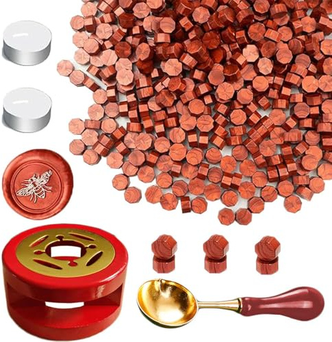 Kit de perles Set de cire à cacheter avec 450PCS perles, vin nouveau rouge, chauffe-cire, cuillère de fusion, 2 bougies, kit de scellement